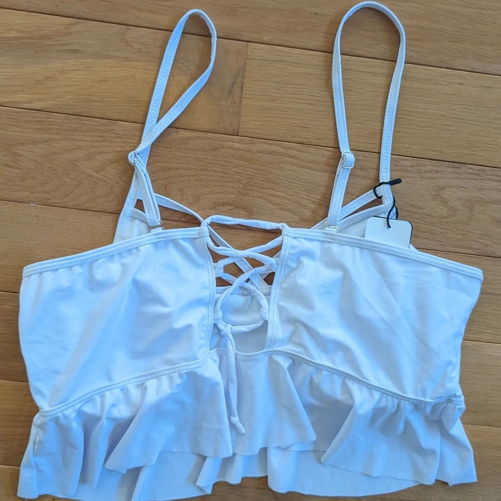 Grabriell-Aug Top White Ruffle Women 16 Peplum Lace-back Spaghetti Strap Crop - Picture 6 of 6